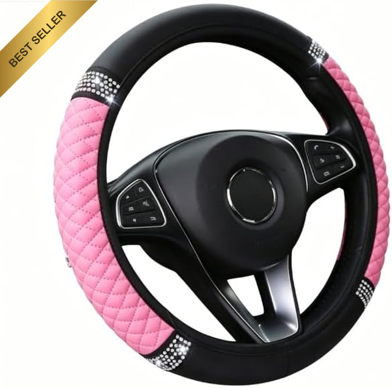 Bling Soft Leather Steering Wheel Cover, Pink, 15 Inch, with Colourful Rhineston