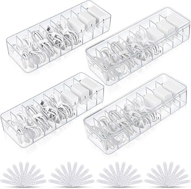 Clear Plastic Charger Cord Organizer, 4 Pcs Boxes, with One Lid | Cable Manageme
