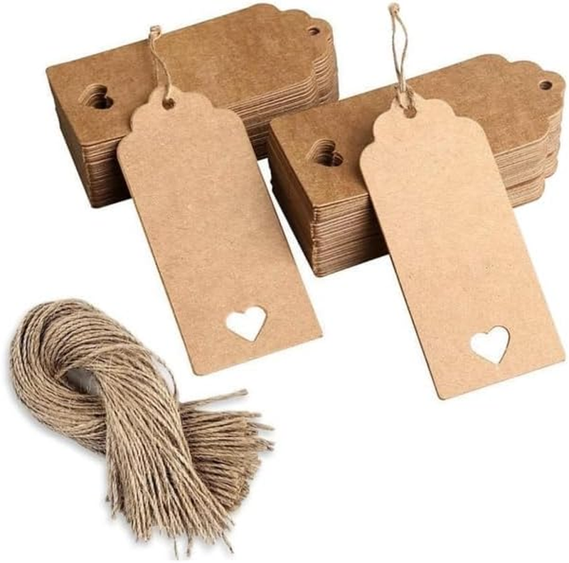 100 Pcs Kraft Paper Gift Tags with 110 Root Natural Twine String, 4.5X9Cm Heart 