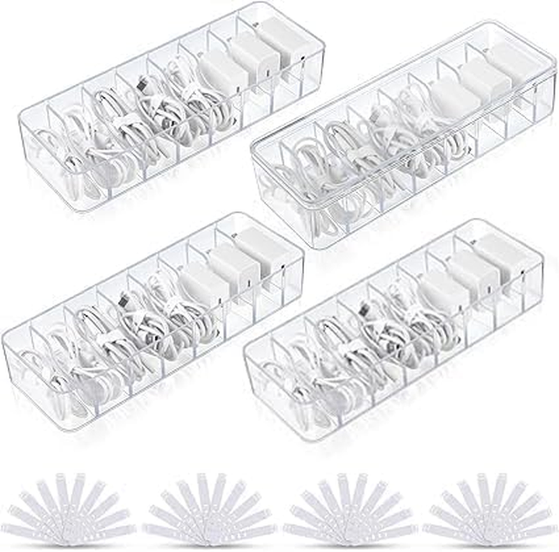 4 Pcs Clear Plastic Charger Cord Organizer Box, Cable Management Box with 40 Wir