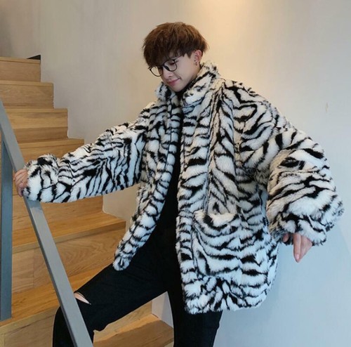 M-3XL Mens Furry Faux Fur Jacket Loose Tiger Pattern Outwear Warm