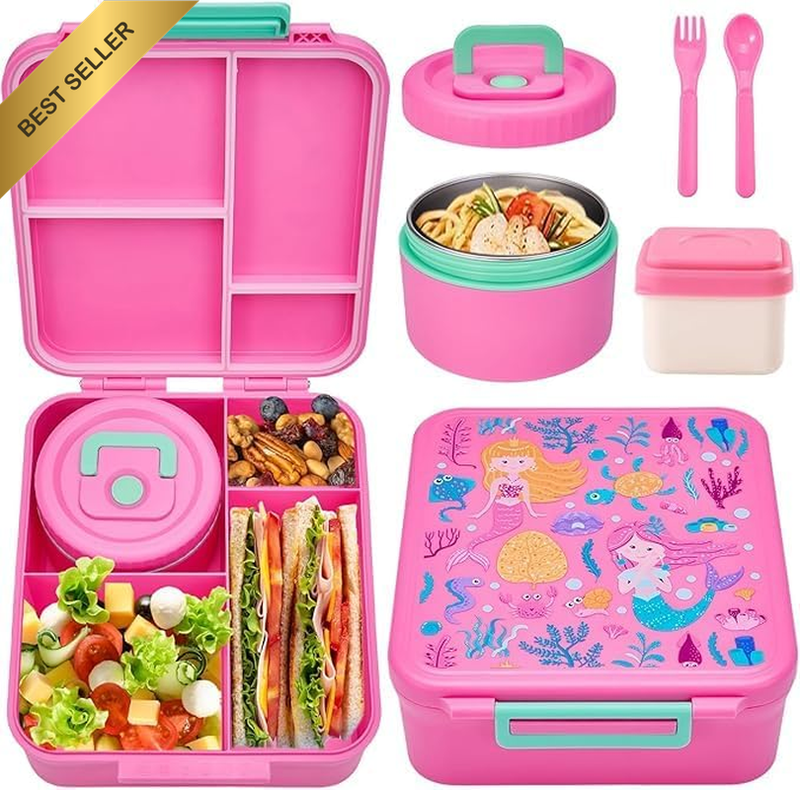 Kids Lunch Box Set, 1.7L Large Leakproof Bento Box with 10Oz Soup Container, Foo