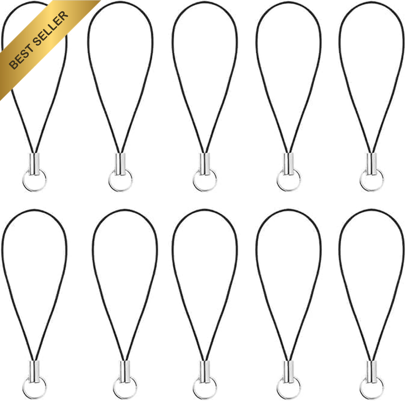 10 Pieces Silver Tone Black Lanyard Cell Phone Charm Split Ring Strap, Clasp Lar