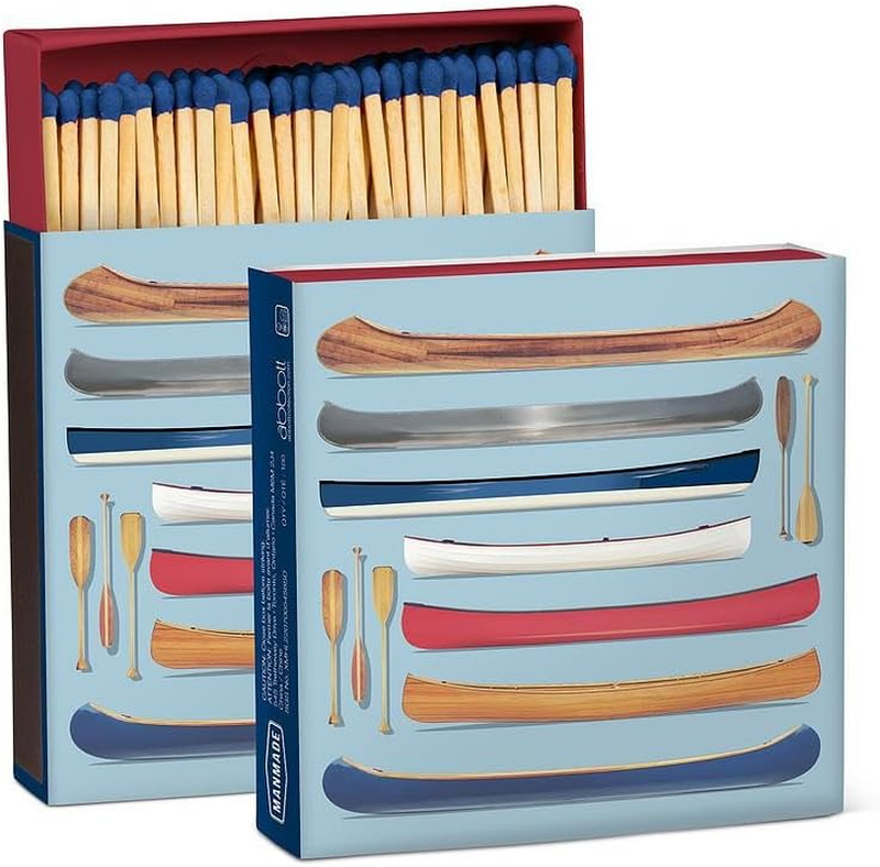 Stacked Canoes Decorative Matchbox. 100 Long Matchsticks - Wood/Paper, Blue/Brow