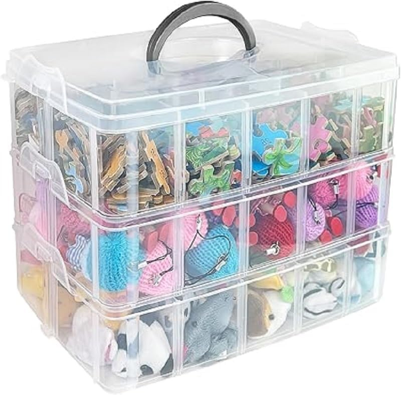 3-Tier Stackable Craft Storage Boxes - 30 Adjustable Compartments with Handle fo