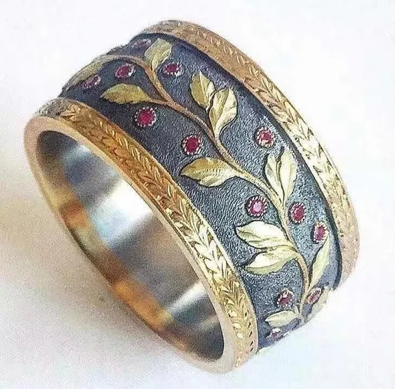 Newest Elegant Retro Yellow Gold Two Tone Ruby Gemstone Rings Wedding Band Engagement Party Anniversary Fashion Jewelry Ring for Women'S Size 5-11