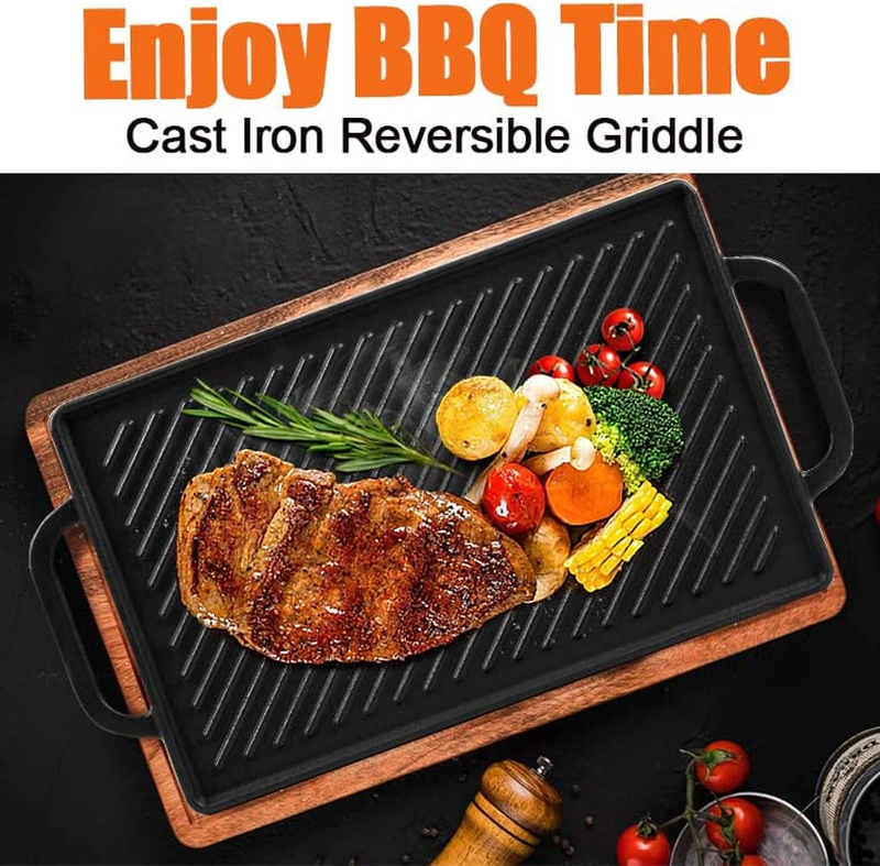 Cast Iron Reversible Grill Griddle, Double Sided for Gas Grills and Stove Tops
