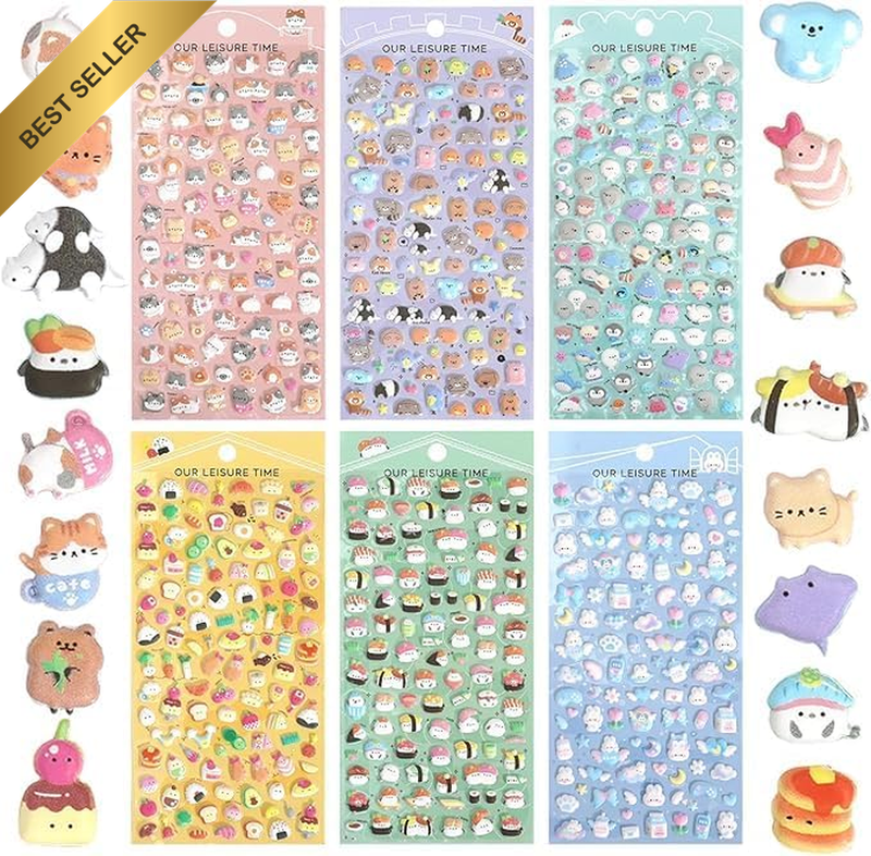 6 Sheets Mini Puffy Stickers for Kids, Girls & Adults – 600+ Cute Tiny Kawaii 3D