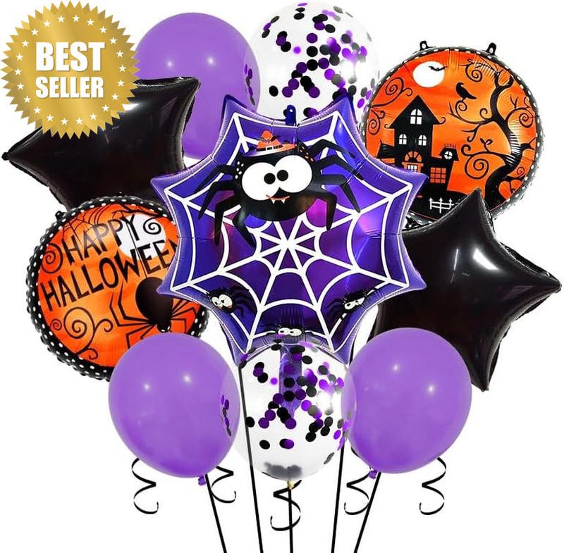 Halloween Purple Orange Black Balloons – Star Foil Spider Pumpkin Decor