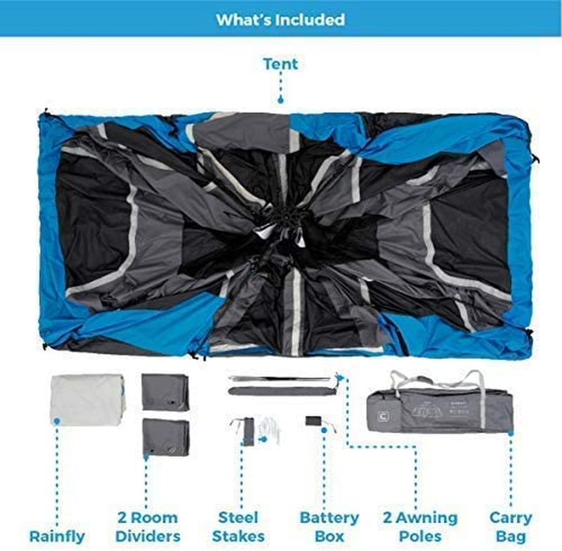 Instant Tent with LED Lights Portable Large Family Cabin Multi Room 12-Person