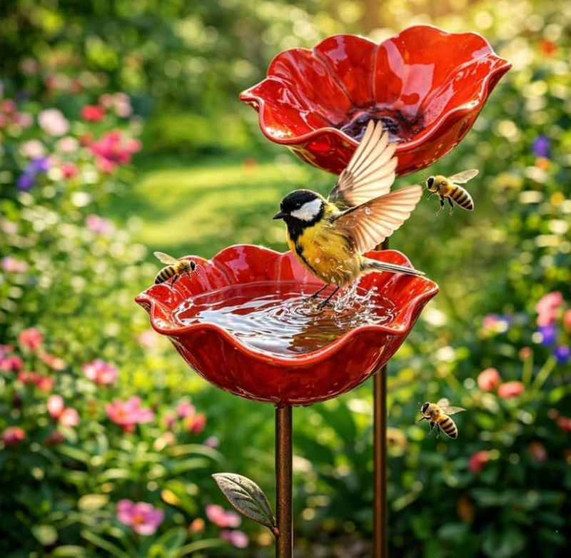 (Red-2Pc) Handmade Metal Flower Garden Stake, Dual-Function Metal Flower Bird Ba