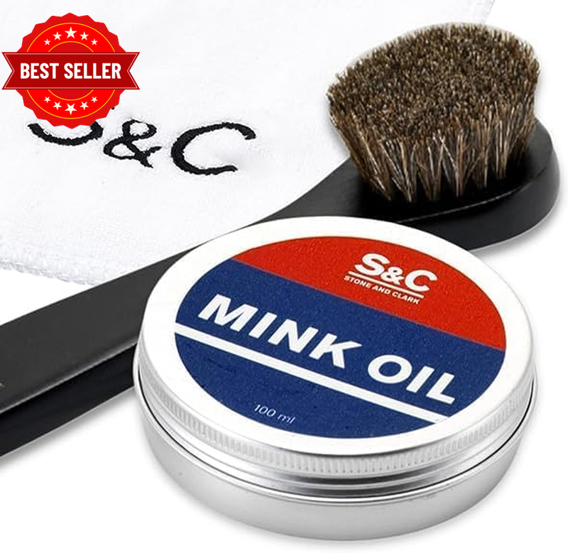 Mink Oil for Leather Boots, 3.5 Oz. with Horsehair Shoe Polish Applicator & Clot