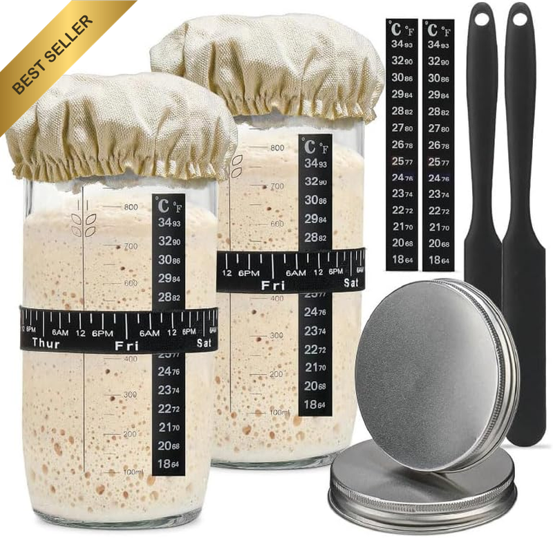 2Pcs Sourdough Starter Jar Kit, Glass Jars Fermentation Kit, Reusable Wide Mouth