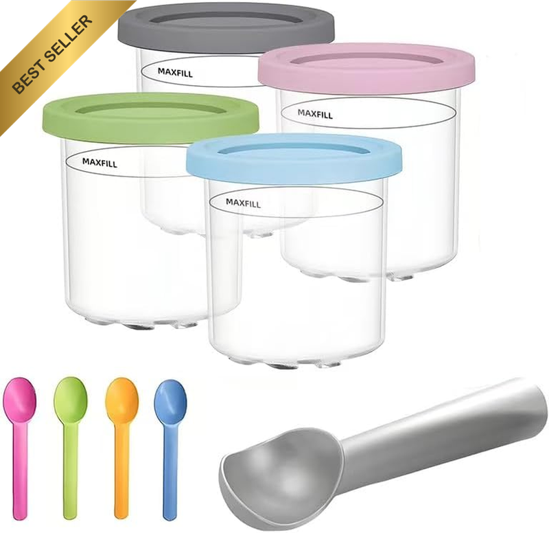 Ninja Creami Containers 4 Pack, Pint & Lids Replacement for Ninja Creami NC300 N