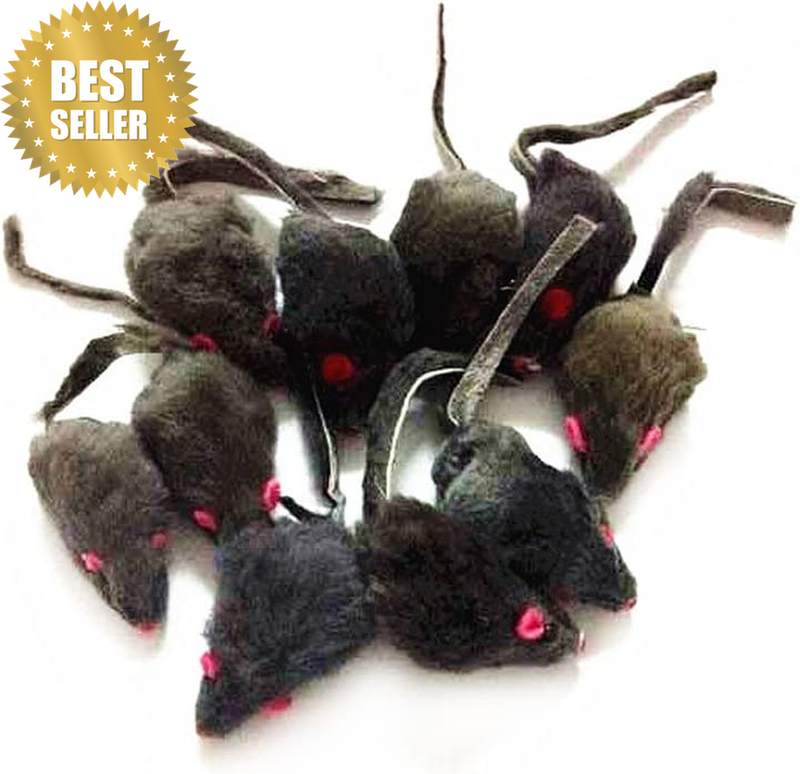 12 Piece Pack Rattle Furry Mice Cat Toy Realistic Fur Mice Squeak Toys Color Var