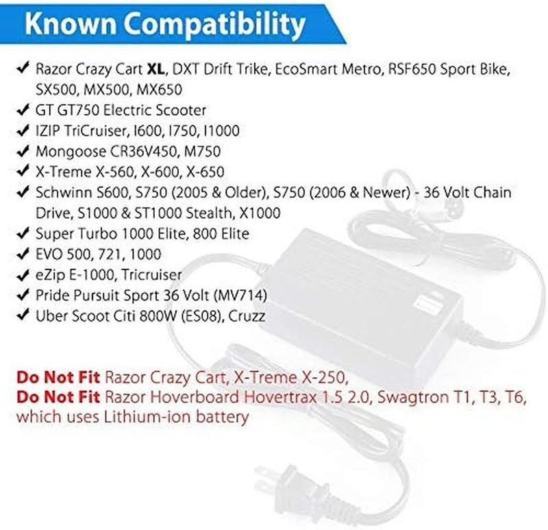 44V 1.5A XLR Charger for 36V Lead Acid Battery MX500, MX650, GT GT750, IZIP I60