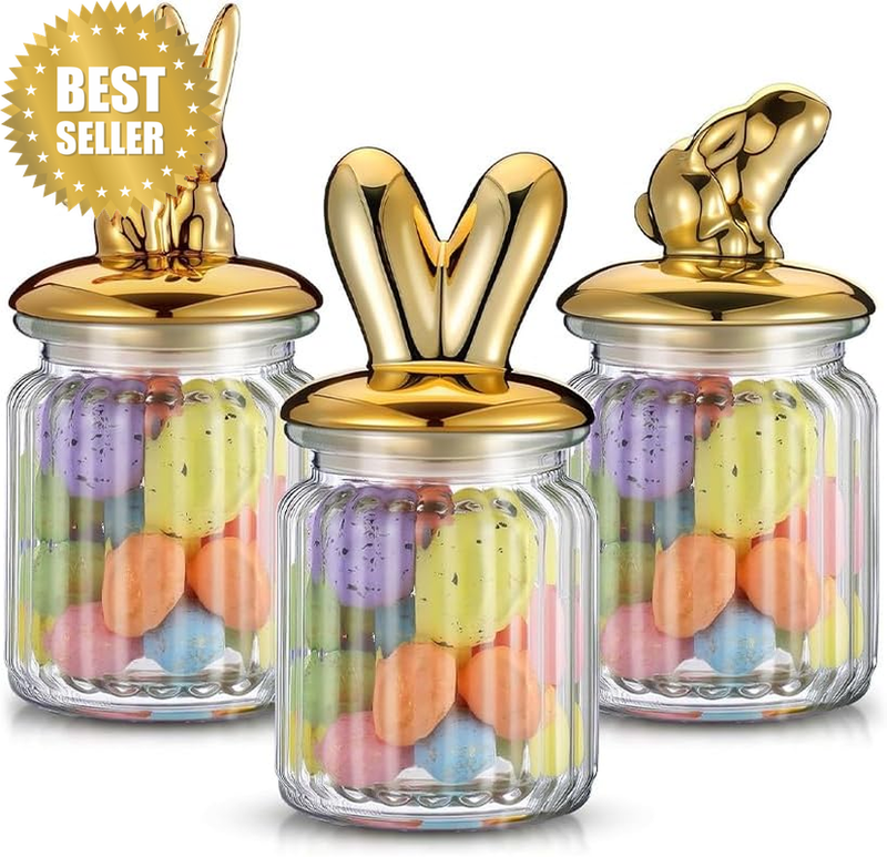 3 Pack Decorative Clear Candy Jar,Glass Coffee Jars, Vintage Gold Rabbit Food St