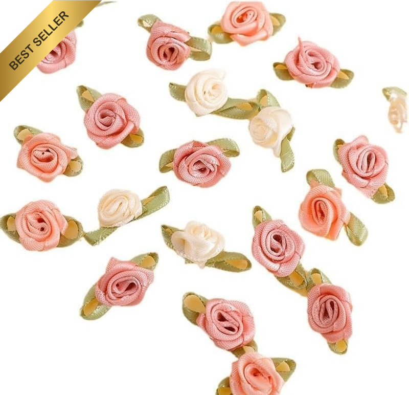 100 Pcs 15Mm Multicoloured Mini Rose Flowers Satin Ribbon Bows Appliques DIY Sew