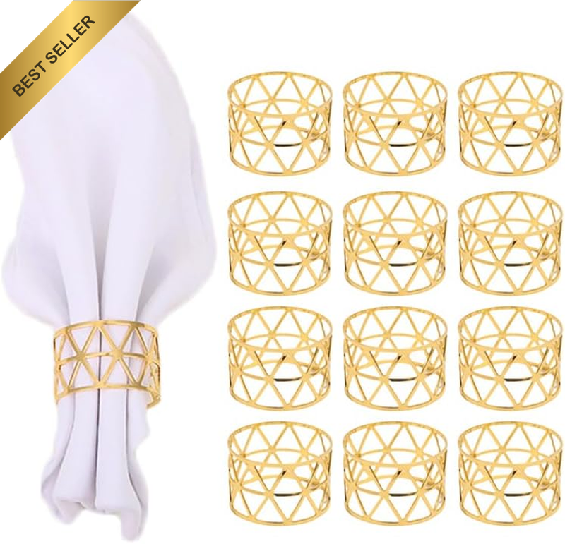 12 Pcs Gold Metal Hollow Triangle Napkin Rings Xmas Thanksgiving