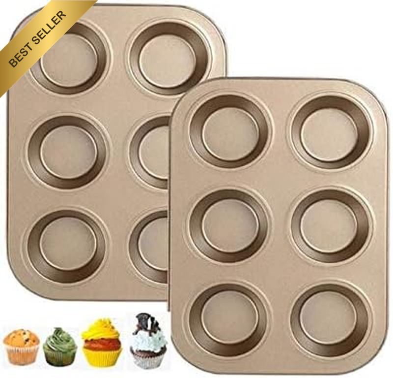 2 Pack Non-Stick Muffin Pan,6-Cup, Carbon Steel and Nonstick Coated Cupcake Baki