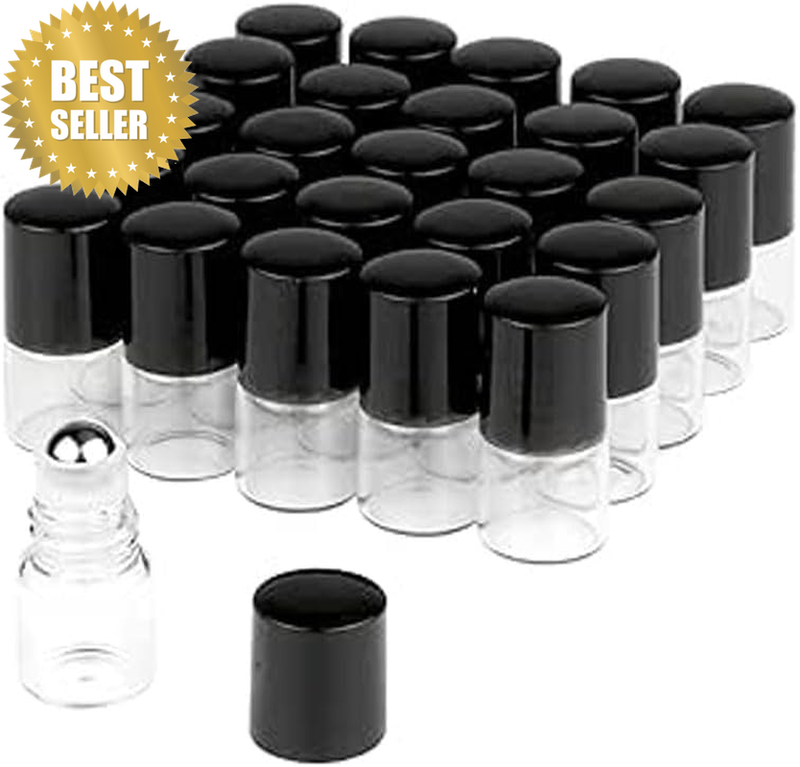 Clear Glass Roller Bottles, 1Ml, 24-Pack, Mini Vials with Black Cap for Essentia