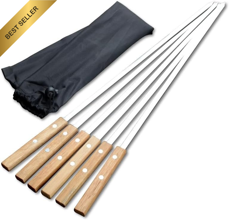 55Cm Stainless Steel BBQ Metal Skewers Set of 6 – Extra Wide 10Cm Flat Blade for