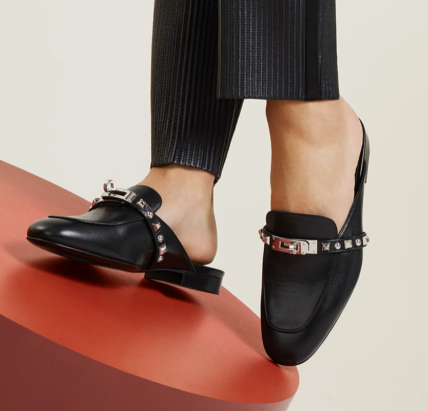 NEW Hermes Oz mule Black goatskin leather with Medor studs