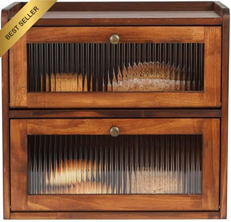 Double Layer Bread Box, Wooden Bread Storage Container Bin for Kitchen Counterto