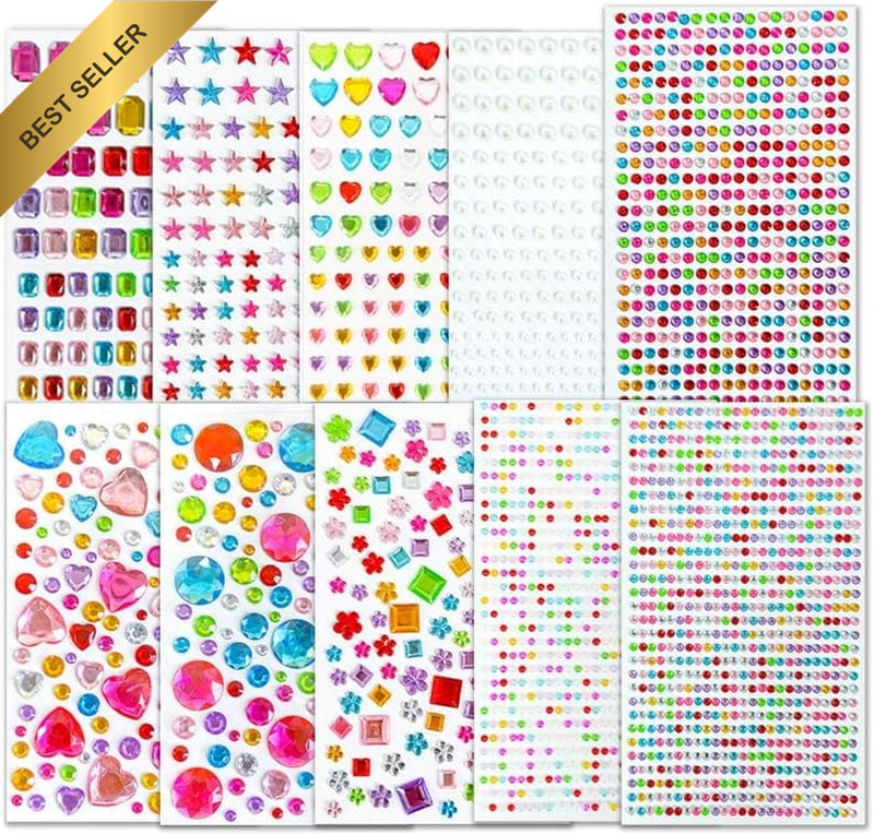 Gem Stickers 10 Sheets for Crafts, 2742 PCS Self-Adhesive Rhinestone Jewel Gems,