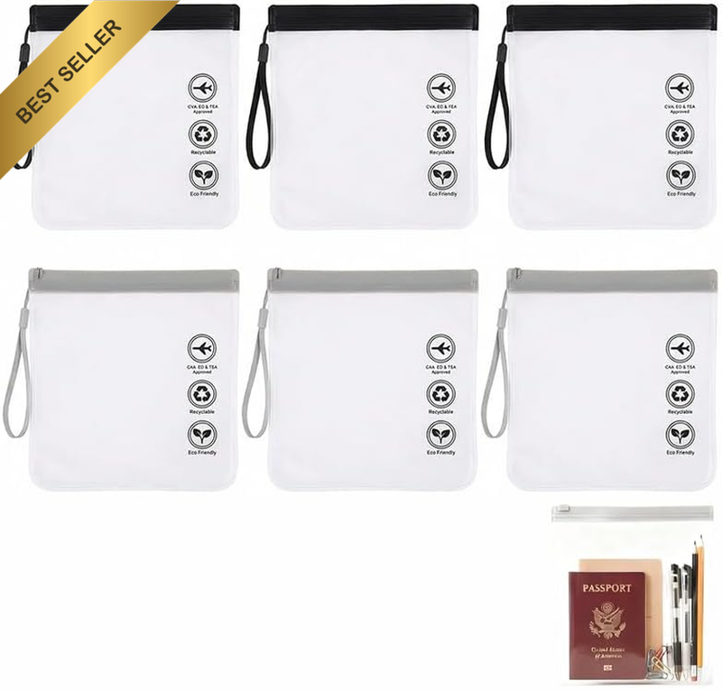 6-Pack Clear Travel Toiletry Bags (20X20Cm), Eco-Friendly Zippered Pouch with La