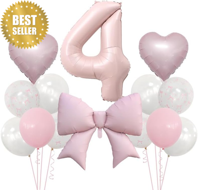 Pastel Pink Number 1 Foil Balloon Set – Baby Pink 1 Balloon with Bow, Pink & Cre