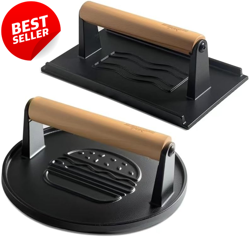 Cast Iron Burger Press Set 2PCS Round Rectangle Grill Bacon Meat Tool - US