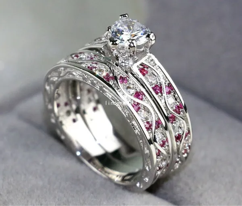 Heart 1Ct CZ Ruby 10KT White Gold Filled Claddagh Ring Sets Women'S Wedding Ring Sz6-9