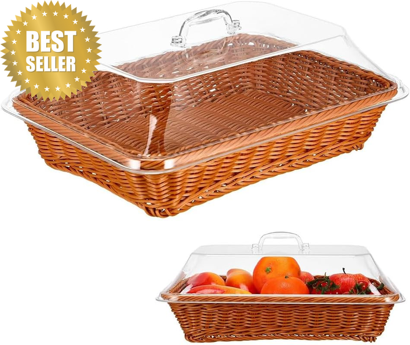 Bread Basket with Lid, Woven Rattan Bread Basket, Desktop Food Serving Basket wi