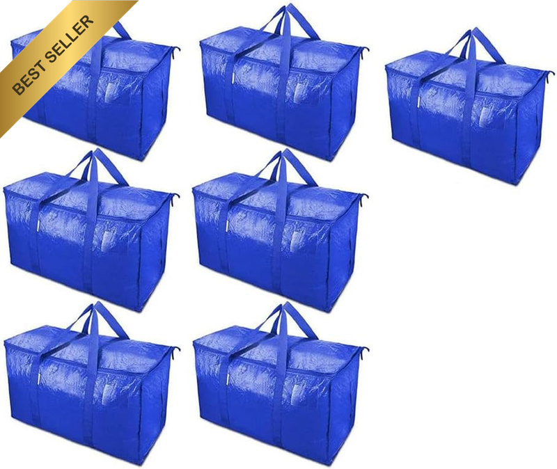 7 Pack Extra Large Heavy Duty Moving Bags Blue Zipper Carry Handles Storage Tote