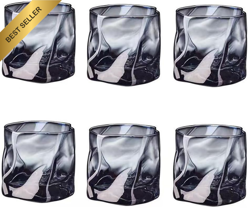 Glass Drinkware Set of 6 - Crystal Wave Mug for Whiskey, Wine, Brandy, Liquor, W