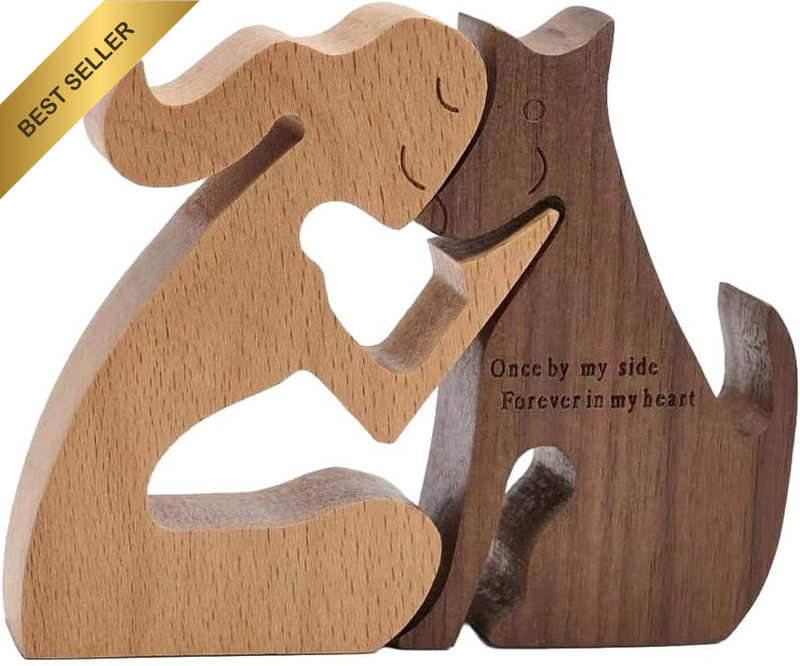 Pet Memorial Figurine, Wooden Dog Figurine, Loving Embrace Dog Sculpture, Deskto