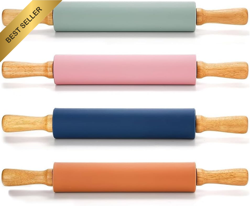 4-Pack Smooth Non Stick Rolling Pins, 4 in 1 Silicone Baking Set with Wooden Han