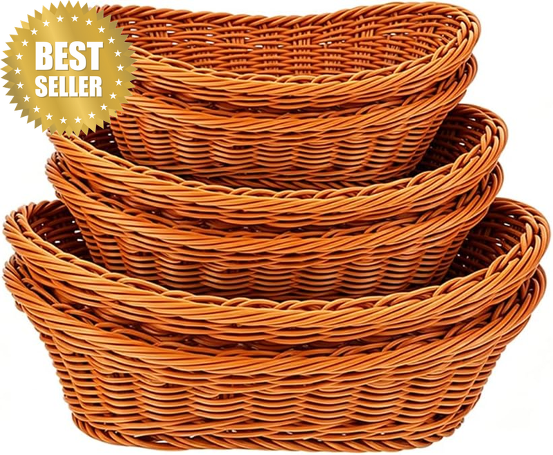 6 Pcs Woven Bread Baskets, Vintage Rustic Fruit Baskets, Oval Stackable Snack St