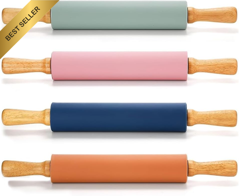 4-Pack Silicone Rolling Pin for Baking, Non-Stick Rolling Pin with Wooden Handle