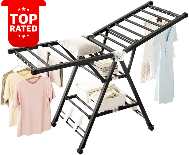 3-Tier Foldable Clothes Drying Rack Black Adjustable Heights Heavy Duty Wheels