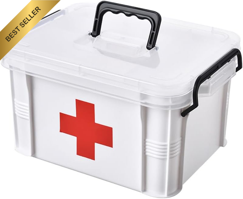 First Aid Kit Box – Clear Plastic Medicine Storage Organizer with Handle, Portab
