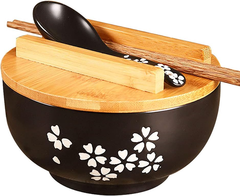 WHJY Black Ceramic Bowl with Lid, Spoon, Chopsticks for Soup, Rice, Noodles. Jap
