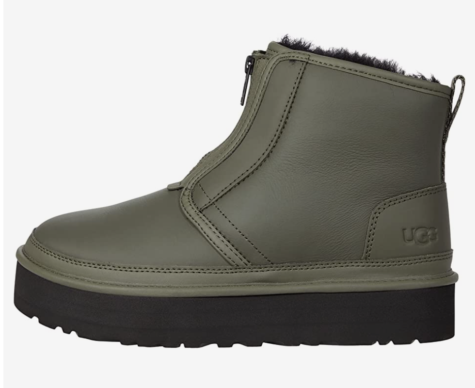 Pre-owned Ugg Neumel Low Platform Zip Boots Ankle Booties Green Leather Fur Lining Size 9 In Seaweed Green