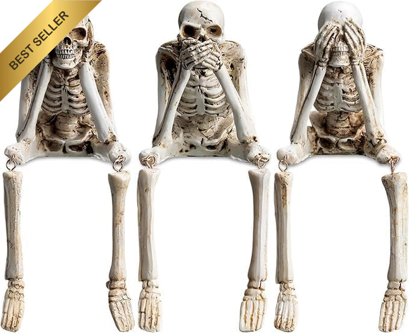 3 Pack Halloween Decorations Skeleton Figurines, See Speak Hear No Evil Skull St