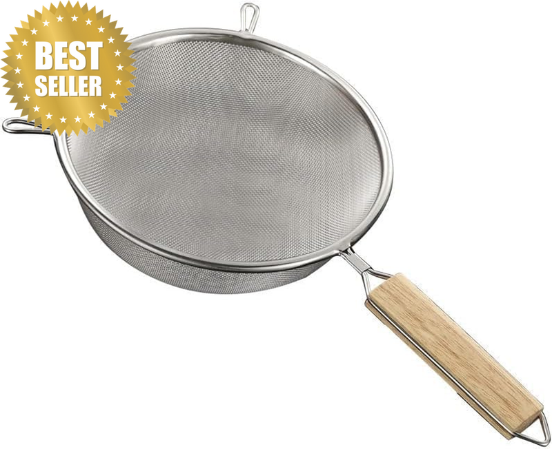 Stainless Steel Double Mesh Food Strainer Colander - Fine Sieve Sifter with Wood