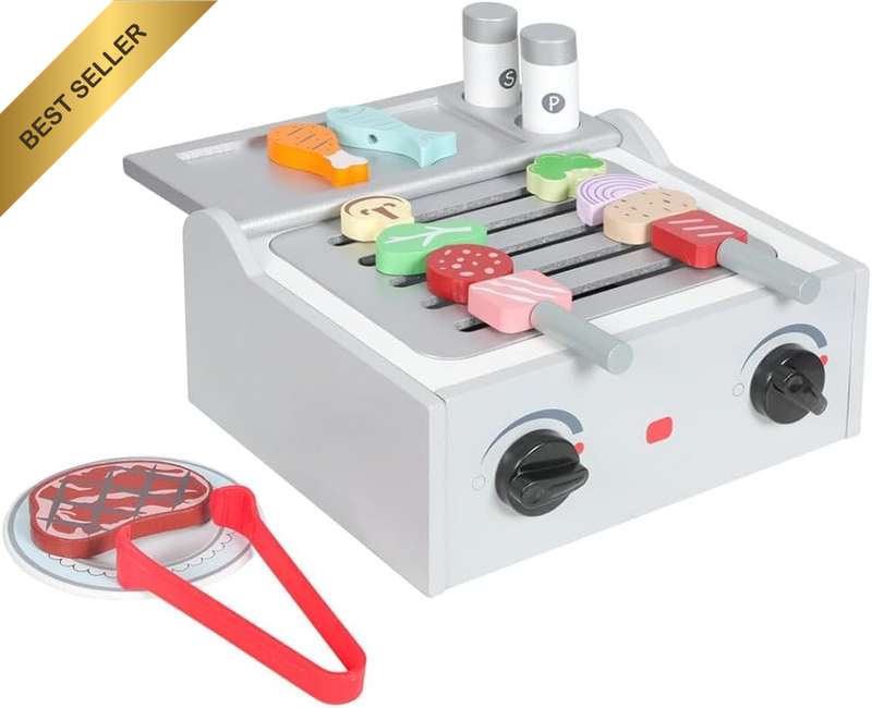 Kids Wooden Play BBQ Grill Set - Pretend Play Kitchen Toy with Food Accessories,