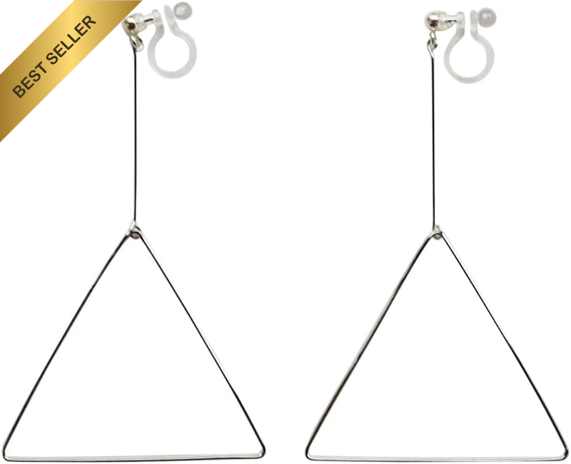 Comfortable Large Triangle Hoops Dangle Invisible Clip on Earrings for Women Sil