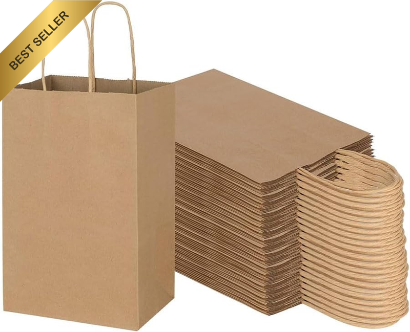 50Pcs Brown Kraft Paper Bags with Handles, Brown Tote Gift Bags with Handles, Di