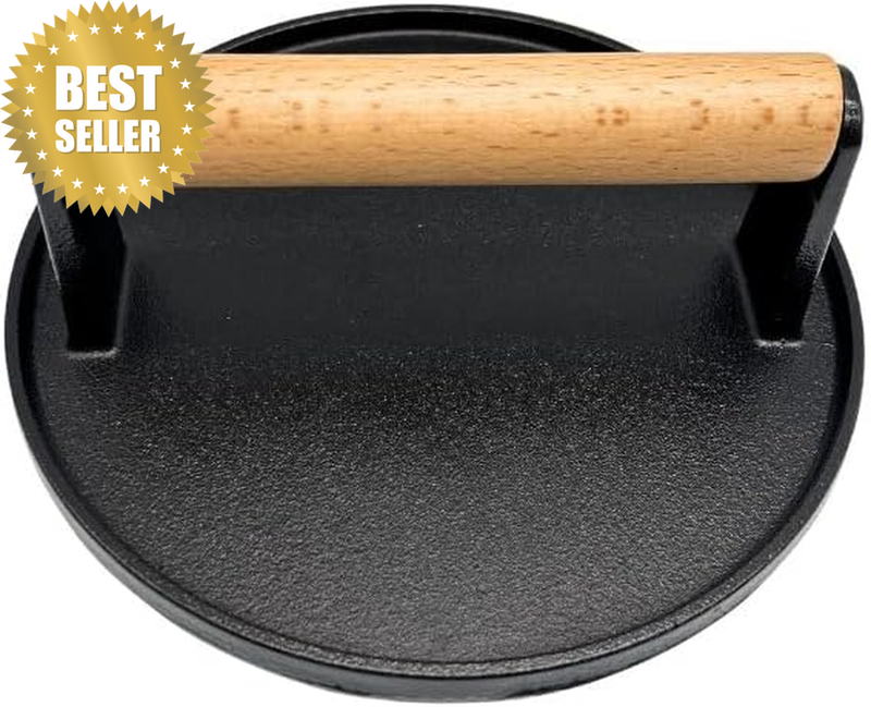 Burger Press 6.9 Inch round Heavy Duty Cast Iron Hamburger Press with Wooden Han